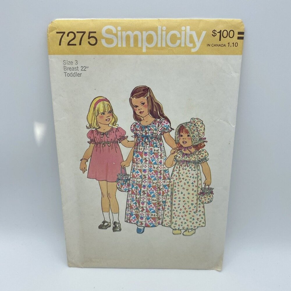 Simplicity 7275 Toddler's Dress in Two Lengths Bonnet & Bag Size 3 Vintage Cut